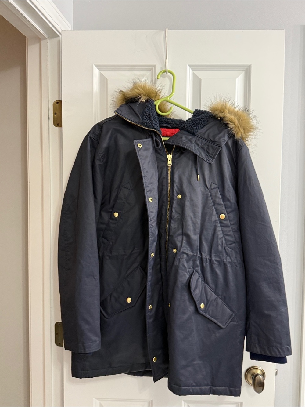 J. Crew Quilted Red Jacket with Navy Trim